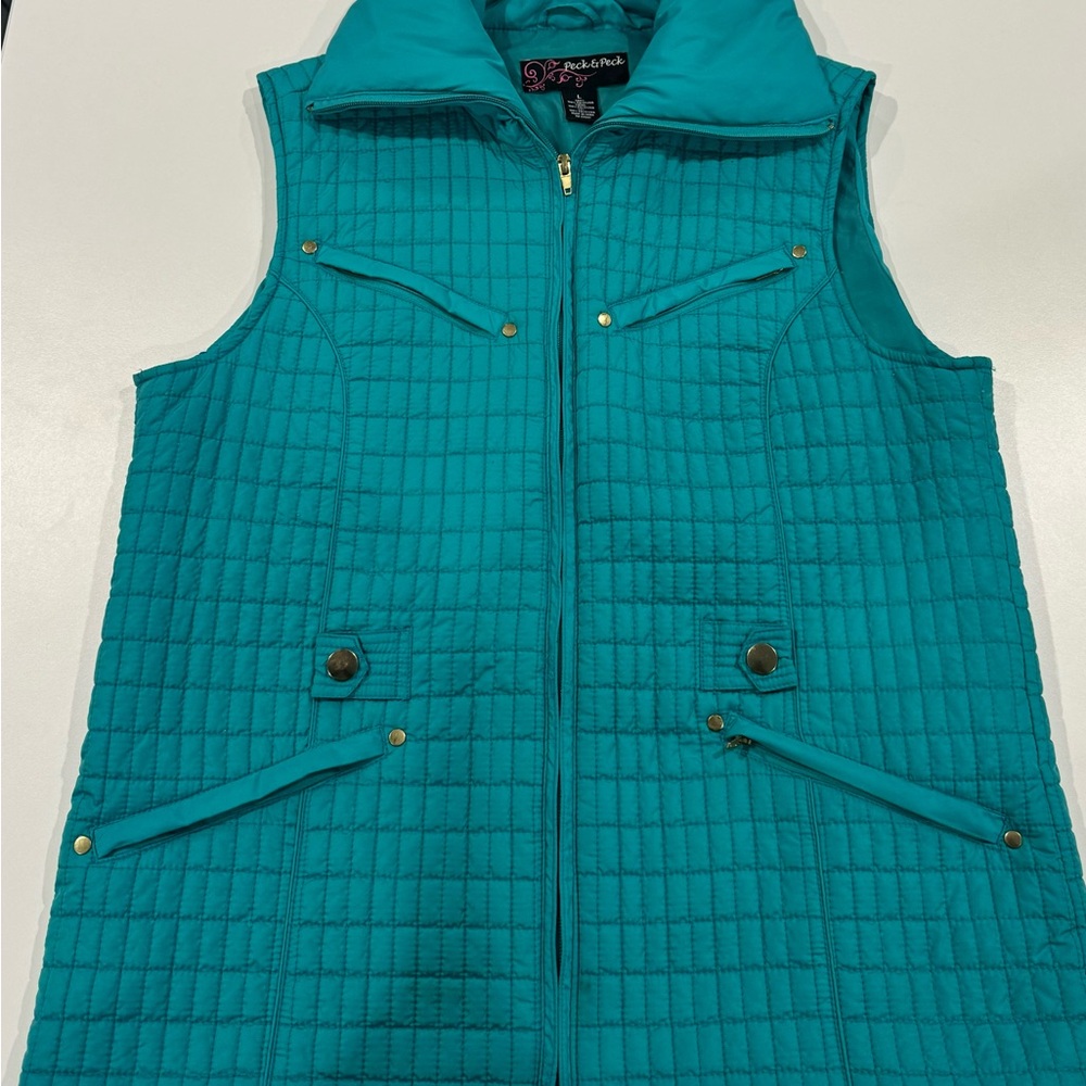 2/$20 Women’s Peck & Peck quilted vest turquoise / teal L full zipper pockets
